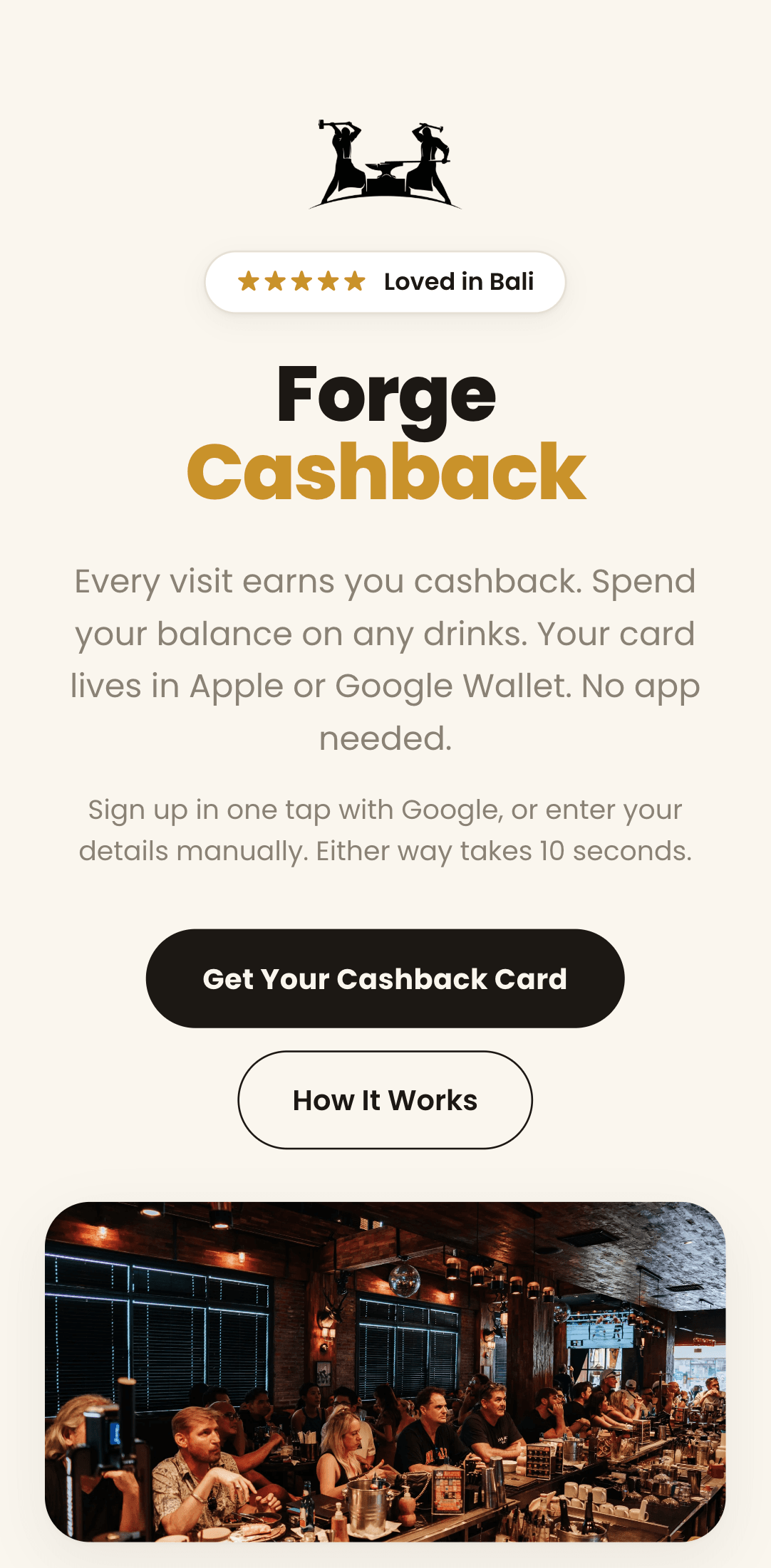 The Forge Bali cashback card signup — live product