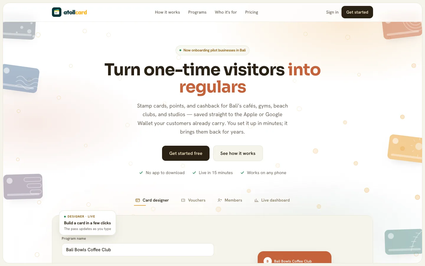 Atollcard homepage: Turn one-time visitors into regulars, with the card designer below.